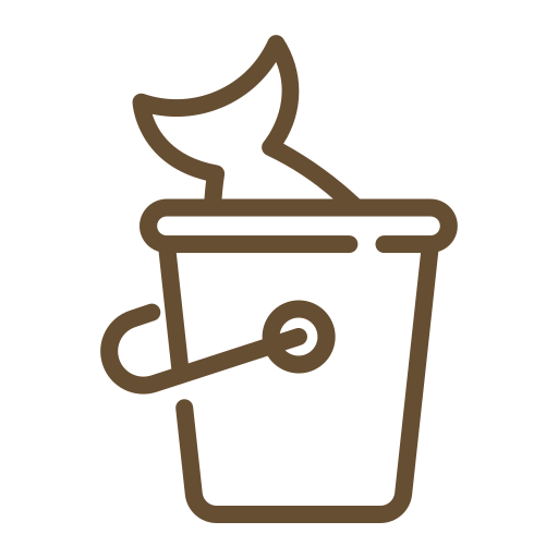 A simple line drawing of a brown fishing bucket with a fish tail sticking out and a fishing hook attached to the side.