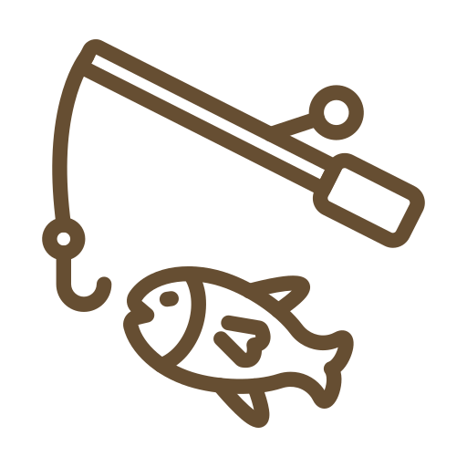 Illustration of a fishing rod with a hook next to a fish, depicted in a simple brown line art style.
