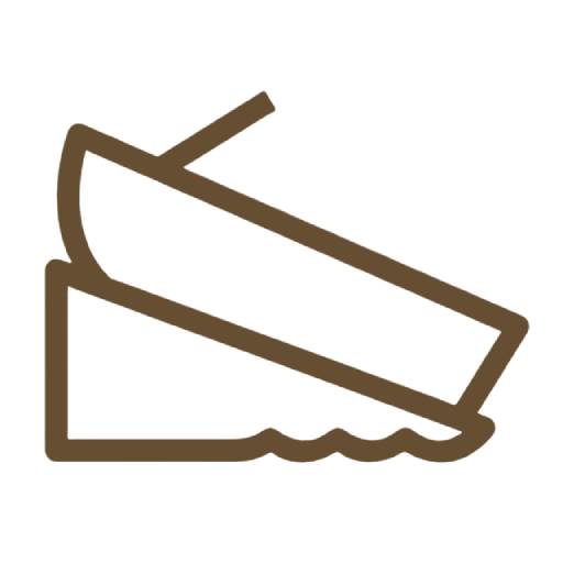 A simple brown line drawing of a sinking ship tilted to the left, showing half submerged in water indicated by wavy lines.