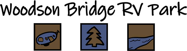 Logo of Woodson Bridge RV Park featuring stylized images of an RV, a tree, and a river.
