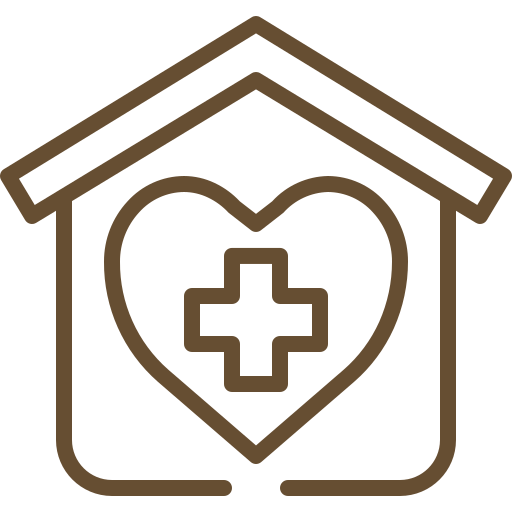 A brown outline of a house with a heart inside. The heart contains a medical cross, symbolizing healthcare or medical services within a home setting. The design is simple and monochromatic.