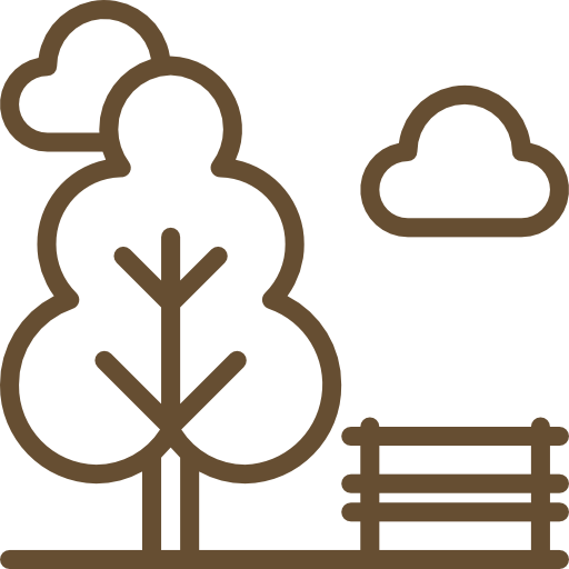 An outline illustration of a park scene, featuring a tree, two clouds, and a bench. The design is simple with minimal detail, depicted in brown lines on a transparent background.