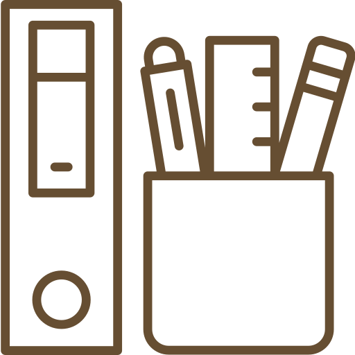 A line drawing of a vertical binder standing next to a container holding writing tools such as a pen, a pencil, a ruler, and an eraser. The illustration is simple and monochromatic.