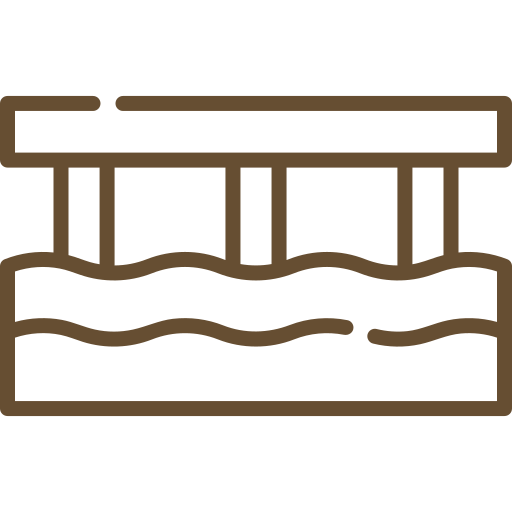 Icon depicting a stylized brown bridge with wavy lines representing water beneath it. The design is simple and linear, emphasizing the structural elements of the bridge.