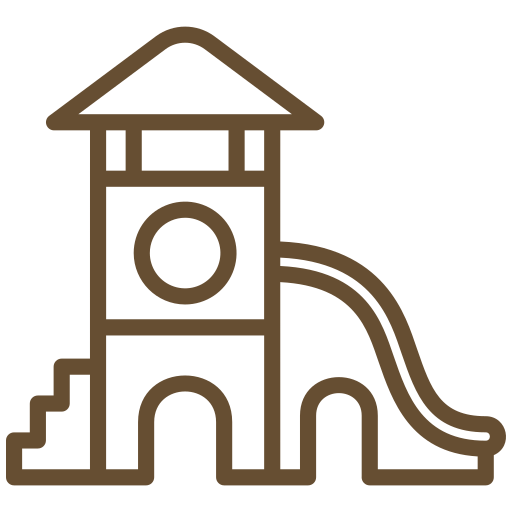 Icon of a playground structure featuring a tower with a roof, a circular opening, a winding slide on the right, and steps on the left. The image is simple and outlined in brown.