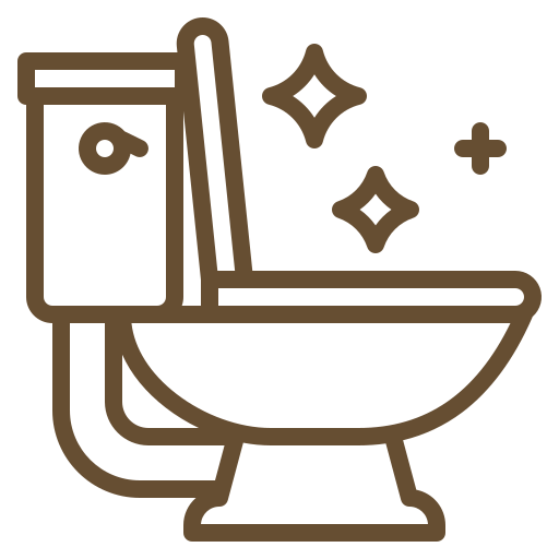 Illustration of a toilet icon with a tank and bowl, featuring sparkles around it to indicate cleanliness. The design is in a simple, brown outline style.