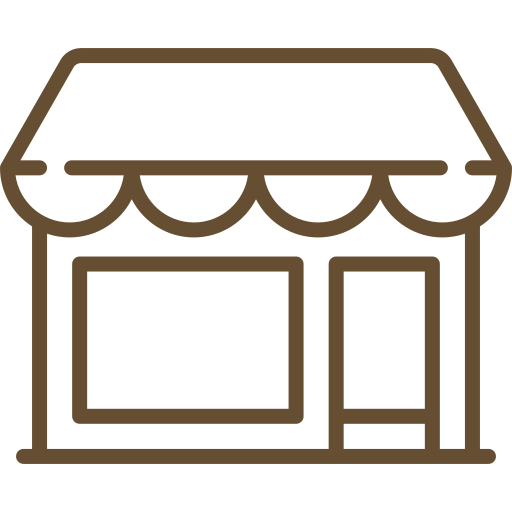 Icon of a small storefront with a pitched roof and a single window. The design is minimalistic, featuring a brown outline and a stylized awning.