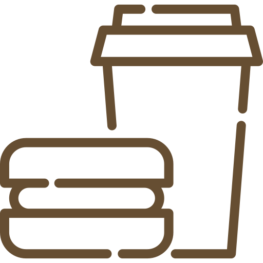 Line drawing of a sandwich and a disposable coffee cup with a lid, suggesting a quick meal or on-the-go breakfast. The cup is positioned upright, and the sandwich is placed below it.