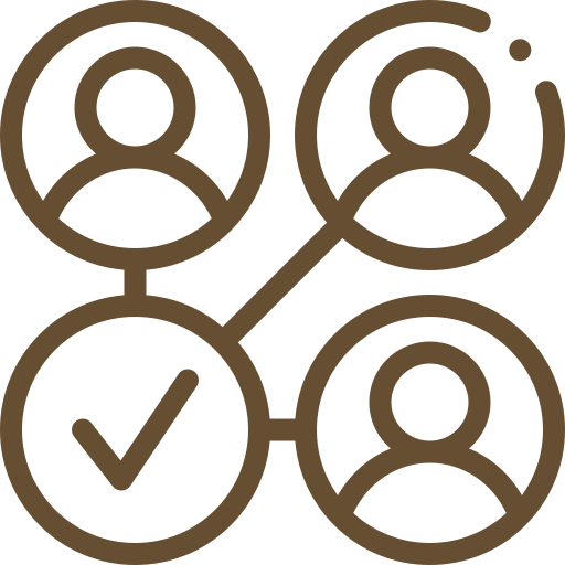 Icon depicting three connected user symbols with a checkmark. The arrangement suggests network or teamwork, with lines linking the figures and the checkmark symbol, conveying success or completion.