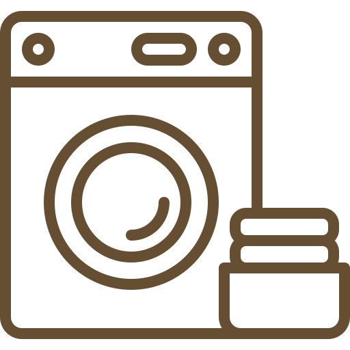 Icon of a washing machine with a round door and control panel next to a stack of folded laundry. The design is in brown on a transparent background.