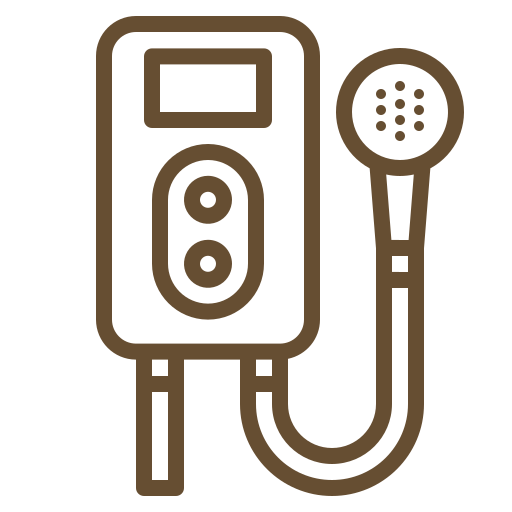 Icon of an electric shower with a control panel and a handheld showerhead, depicted in a simple brown line drawing.