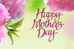 Bright pink flowers frame the corners of a soft green background. "Happy Mother's Day" is written in elegant pink script in the center.