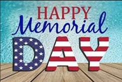 The image features the words "Happy Memorial Day" with "DAY" in capital letters styled with the American flag design. The background includes a wooden deck and a blue sky.
