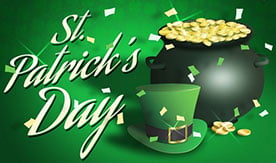 St. Patrick's Day illustration with a green top hat, a pot filled with gold coins, and festive green and gold confetti. The background is a gradient of green shades, and the text "St. Patrick's Day" is written in white cursive.