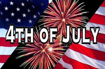 4th of July celebration image with vibrant fireworks in the background. The image shows the American flag, with the text "4th of July" in bold white letters across the center.