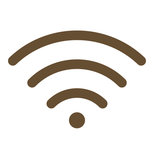 Brown Wi-Fi signal icon on a white background, depicting a dot at the bottom with three curved lines above it, representing wireless connectivity.