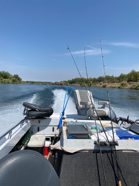 A small fishing boat speeding down a river, leaving a wake behind. The boat is equipped with fishing rods, a cooler, and gear. Trees line the riverbanks under a clear blue sky.