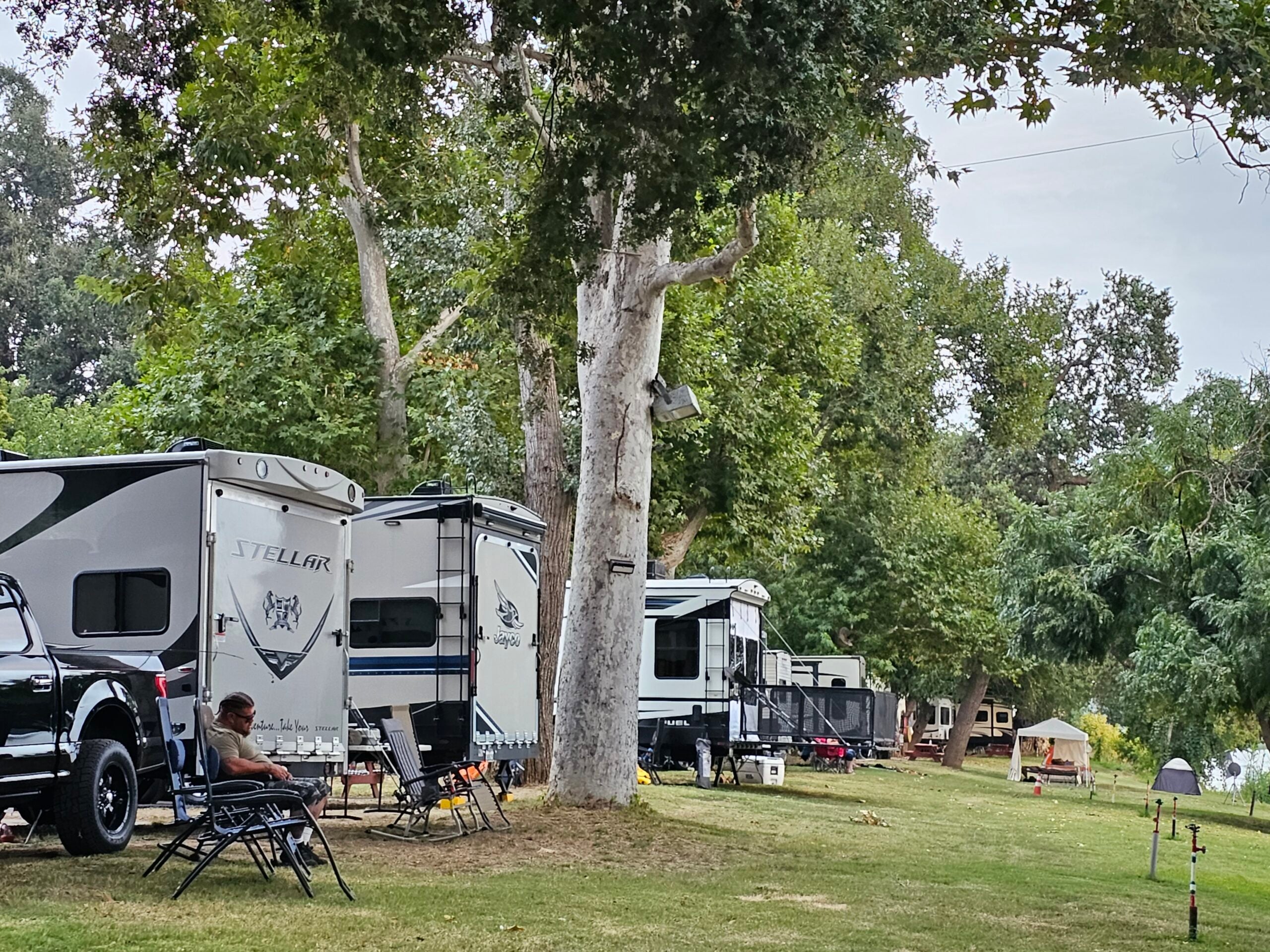 Several RVs and campers are parked on grassy ground beneath tall trees. A person sits in a chair near one RV, and camping equipment is scattered nearby.